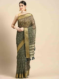 Black Silk Cotton Printed Floral Saree with Unstitched Blouse - Hiral Fashion