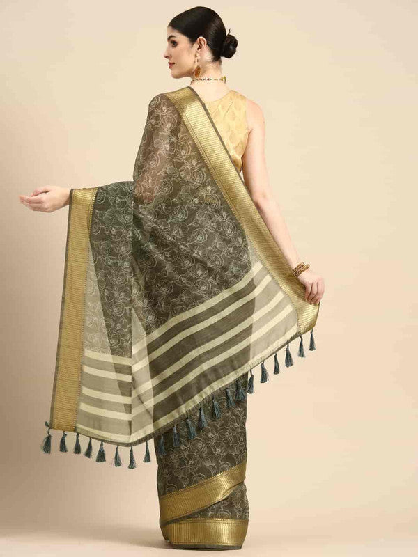 Black Silk Cotton Printed Floral Saree with Unstitched Blouse - Hiral Fashion