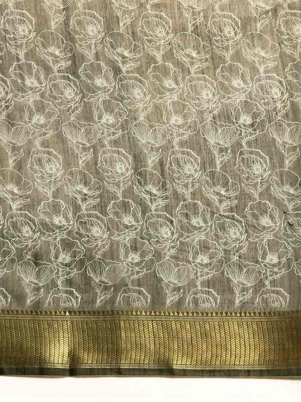 Black Silk Cotton Printed Floral Saree with Unstitched Blouse - Hiral Fashion