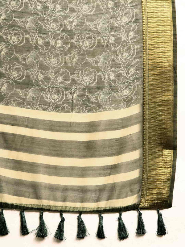 Black Silk Cotton Printed Floral Saree with Unstitched Blouse - Hiral Fashion