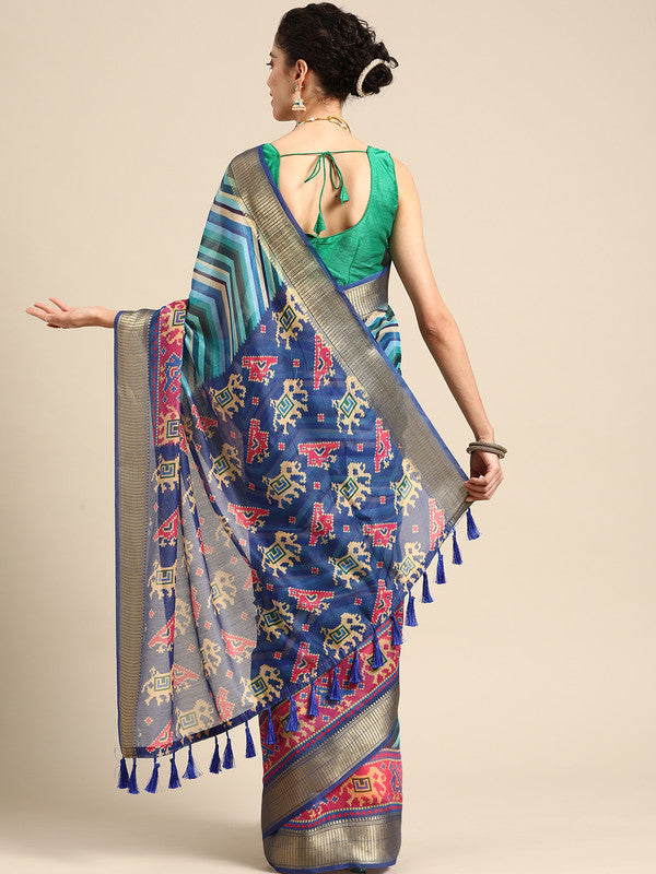 Blue Silk Cotton Printed Striped Saree with Unstitched Blouse - Hiral Fashion