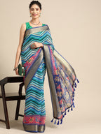 Blue Silk Cotton Printed Striped Saree with Unstitched Blouse - Hiral Fashion