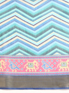 Blue Silk Cotton Printed Striped Saree with Unstitched Blouse - Hiral Fashion