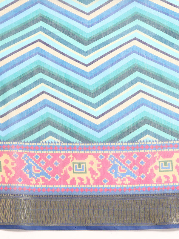 Blue Silk Cotton Printed Striped Saree with Unstitched Blouse - Hiral Fashion