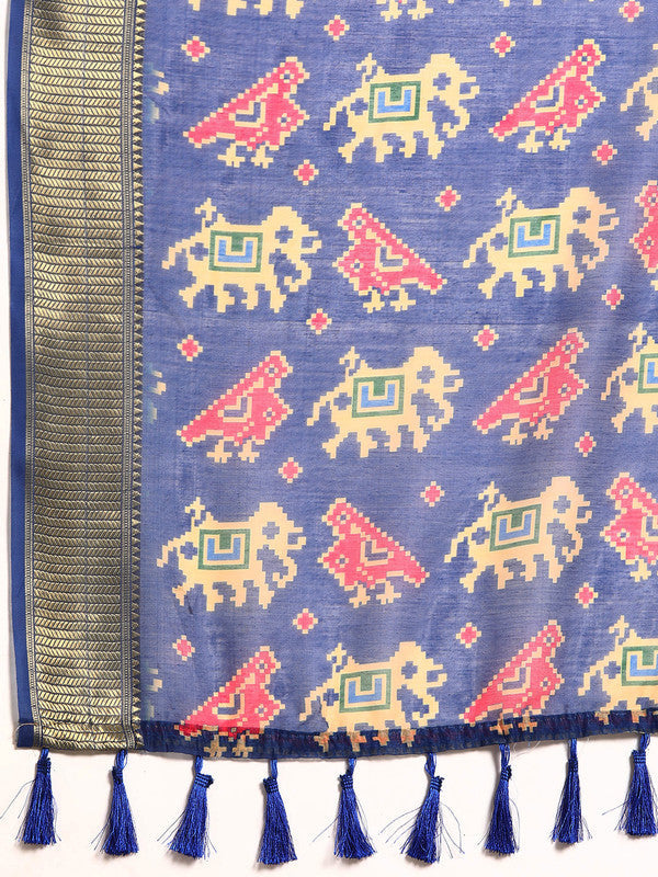 Blue Silk Cotton Printed Striped Saree with Unstitched Blouse - Hiral Fashion