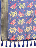 Blue Silk Cotton Printed Striped Saree with Unstitched Blouse - Hiral Fashion