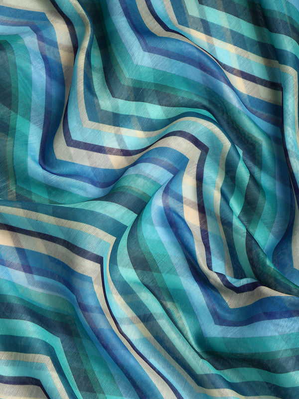 Blue Silk Cotton Printed Striped Saree with Unstitched Blouse - Hiral Fashion