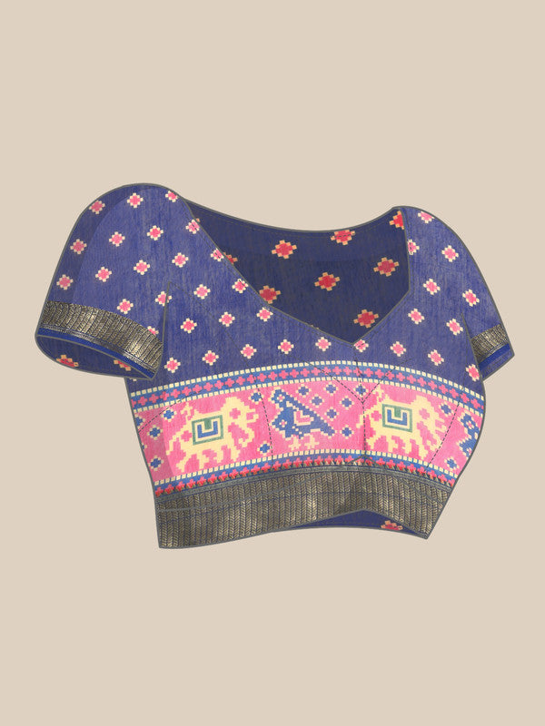 Blue Silk Cotton Printed Striped Saree with Unstitched Blouse - Hiral Fashion