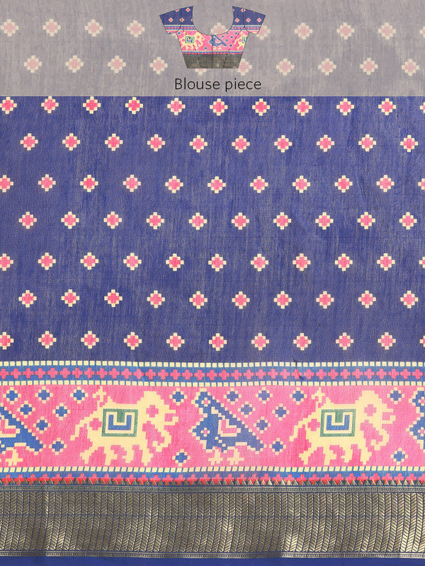 Blue Silk Cotton Printed Striped Saree with Unstitched Blouse - Hiral Fashion