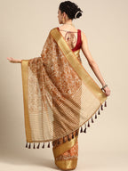 Brown Silk Cotton Printed Floral Saree with Unstitched Blouse - Hiral Fashion
