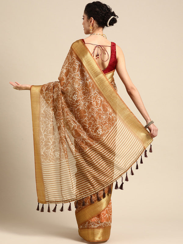 Brown Silk Cotton Printed Floral Saree with Unstitched Blouse - Hiral Fashion