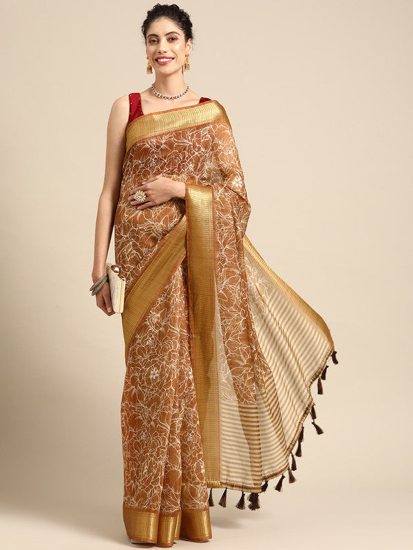 Brown Silk Cotton Printed Floral Saree with Unstitched Blouse - Hiral Fashion