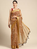 Brown Silk Cotton Printed Floral Saree with Unstitched Blouse - Hiral Fashion
