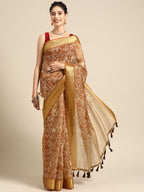 Brown Silk Cotton Printed Floral Saree with Unstitched Blouse - Hiral Fashion