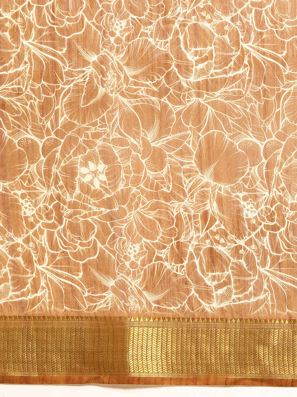 Brown Silk Cotton Printed Floral Saree with Unstitched Blouse - Hiral Fashion