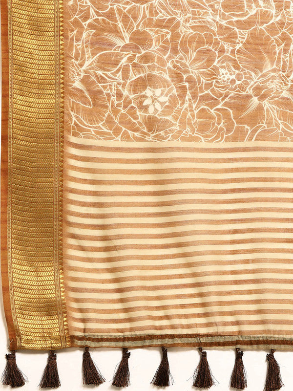 Brown Silk Cotton Printed Floral Saree with Unstitched Blouse - Hiral Fashion