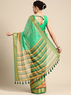 Green Silk Cotton Printed Geomatric Saree with Unstitched Blouse - Hiral Fashion