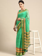 Green Silk Cotton Printed Geomatric Saree with Unstitched Blouse - Hiral Fashion
