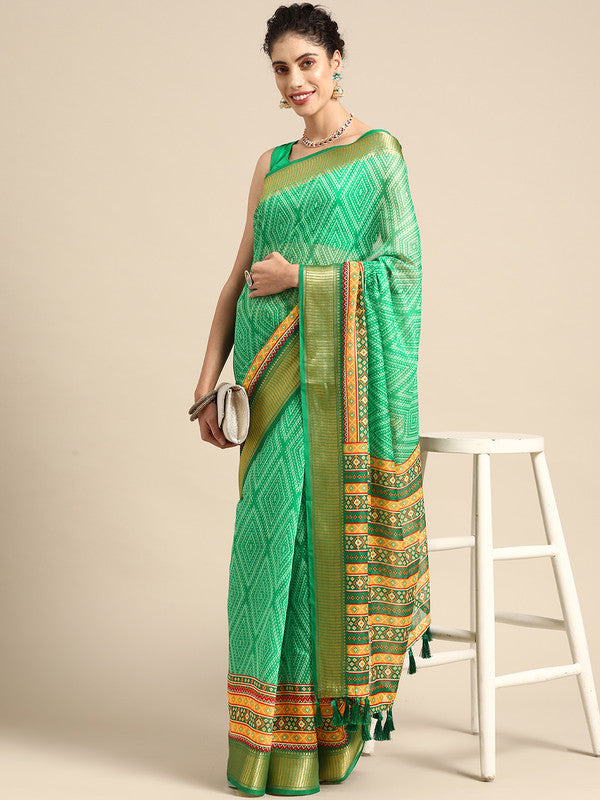 Green Silk Cotton Printed Geomatric Saree with Unstitched Blouse - Hiral Fashion
