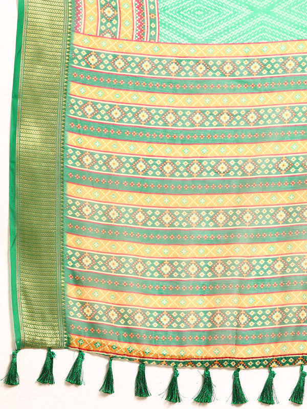 Green Silk Cotton Printed Geomatric Saree with Unstitched Blouse - Hiral Fashion