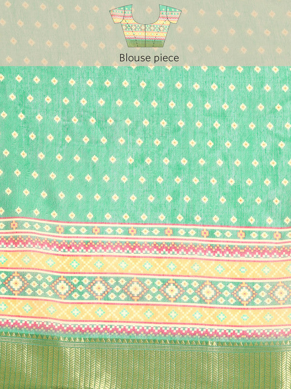 Green Silk Cotton Printed Geomatric Saree with Unstitched Blouse - Hiral Fashion