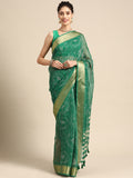 Green Silk Cotton Printed Floral Saree with Unstitched Blouse - Hiral Fashion