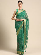 Green Silk Cotton Printed Floral Saree with Unstitched Blouse - Hiral Fashion