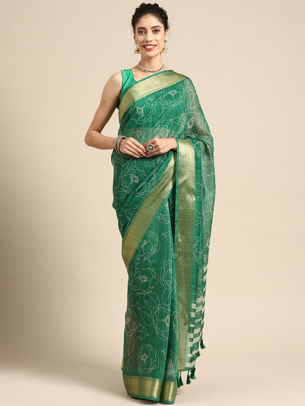 Green Silk Cotton Printed Floral Saree with Unstitched Blouse - Hiral Fashion