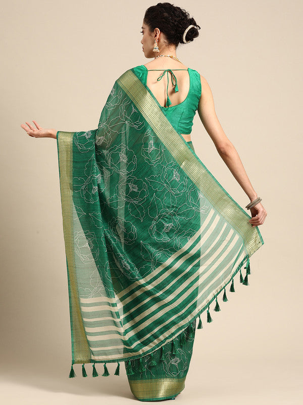 Green Silk Cotton Printed Floral Saree with Unstitched Blouse - Hiral Fashion
