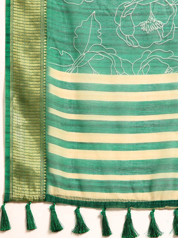Green Silk Cotton Printed Floral Saree with Unstitched Blouse - Hiral Fashion