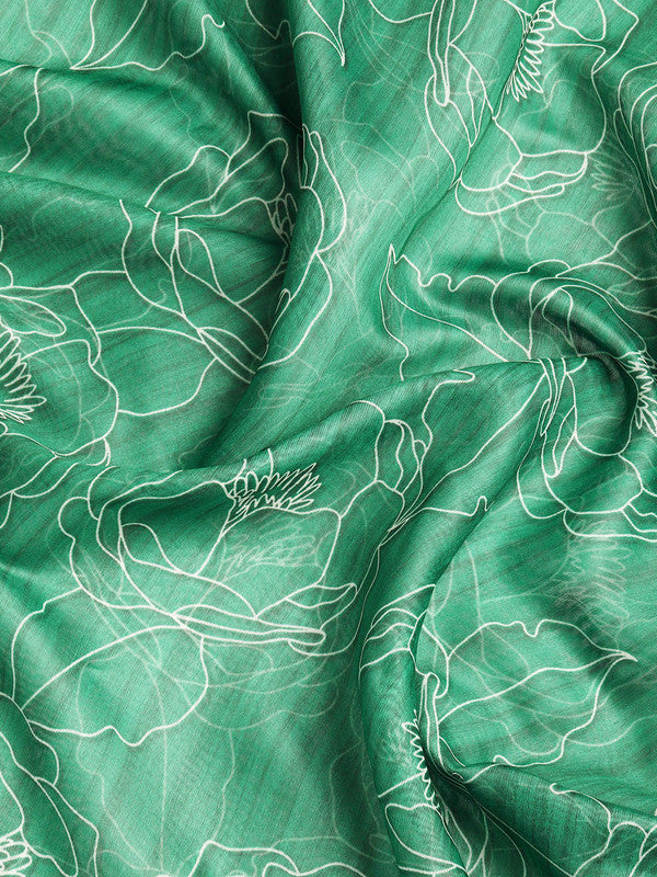 Green Silk Cotton Printed Floral Saree with Unstitched Blouse - Hiral Fashion