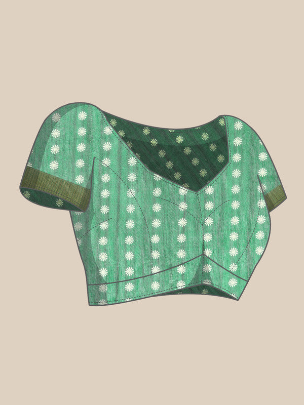 Green Silk Cotton Printed Floral Saree with Unstitched Blouse - Hiral Fashion