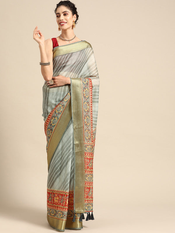 Gray Silk Cotton Printed Striped Saree with Unstitched Blouse - Hiral Fashion