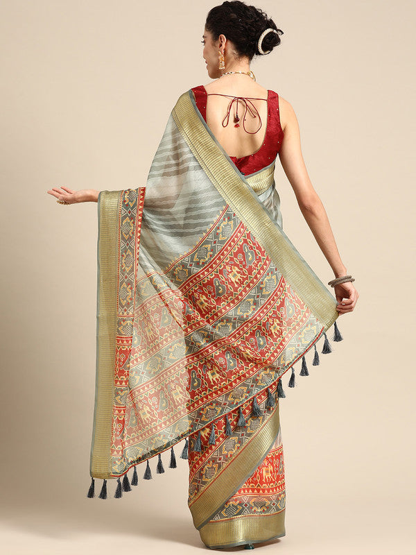 Gray Silk Cotton Printed Striped Saree with Unstitched Blouse - Hiral Fashion