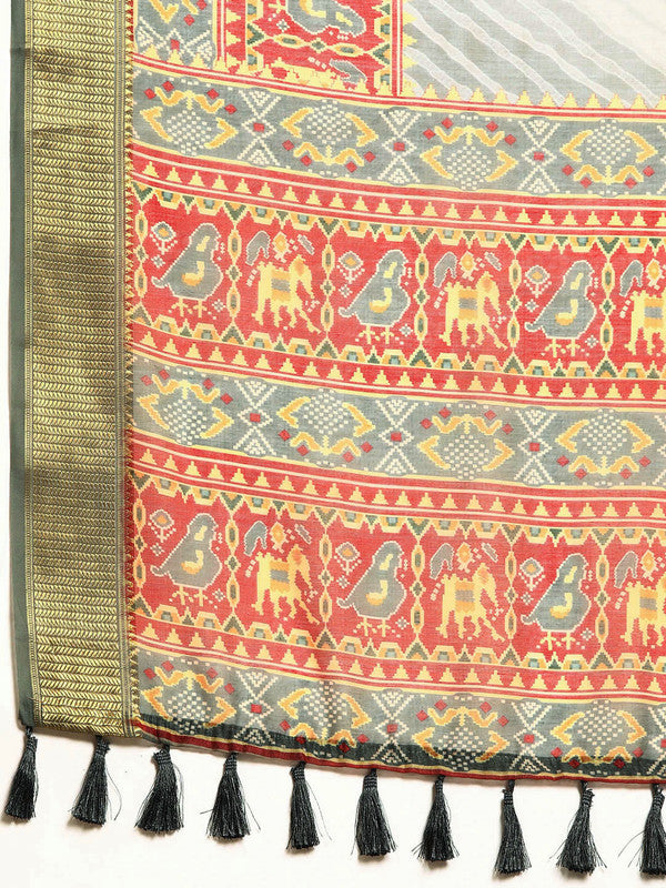 Gray Silk Cotton Printed Striped Saree with Unstitched Blouse - Hiral Fashion