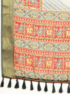 Gray Silk Cotton Printed Striped Saree with Unstitched Blouse - Hiral Fashion
