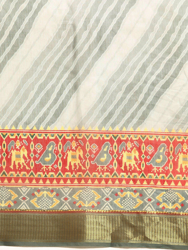 Gray Silk Cotton Printed Striped Saree with Unstitched Blouse - Hiral Fashion