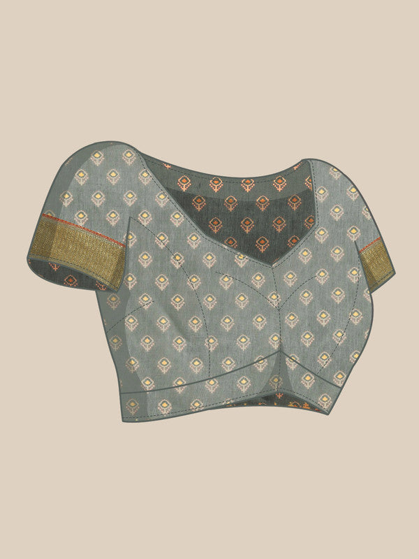Gray Silk Cotton Printed Striped Saree with Unstitched Blouse - Hiral Fashion