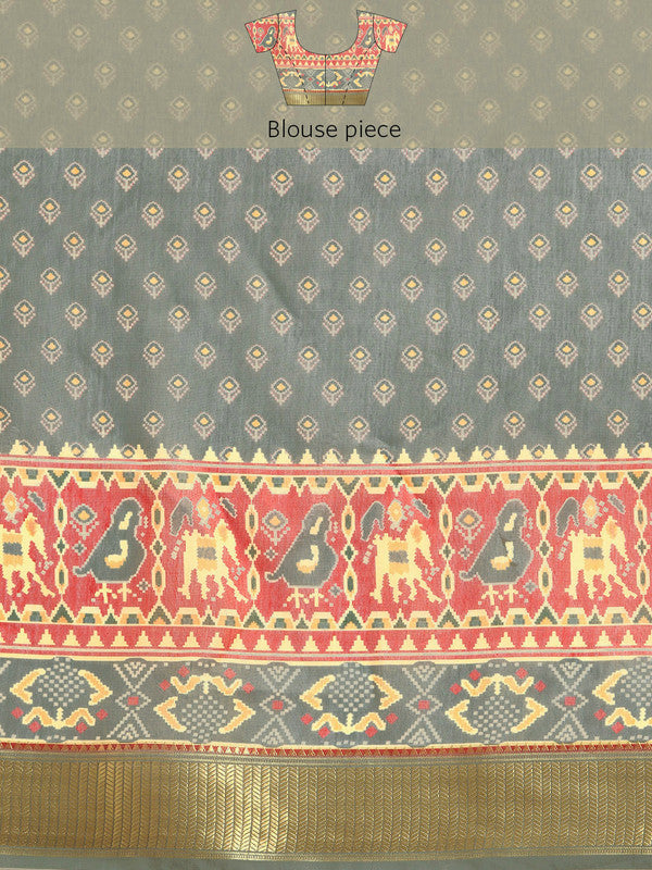 Gray Silk Cotton Printed Striped Saree with Unstitched Blouse - Hiral Fashion