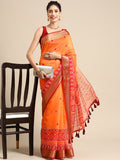Mustard Silk Cotton Printed Floral Saree with Unstitched Blouse - Hiral Fashion