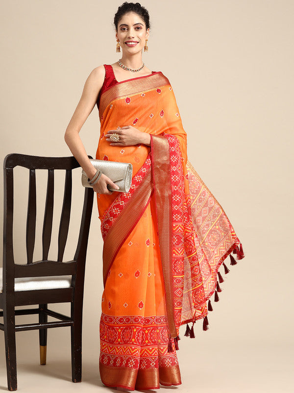 Mustard Silk Cotton Printed Floral Saree with Unstitched Blouse - Hiral Fashion