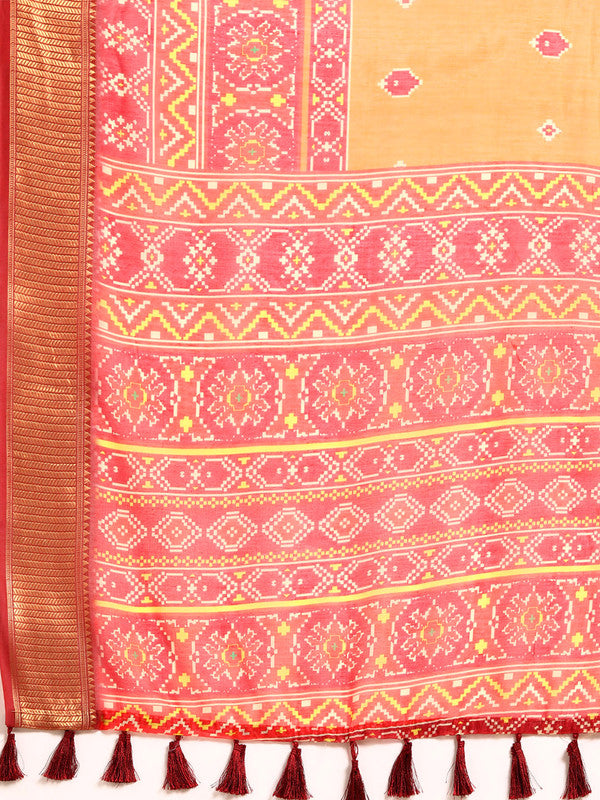 Mustard Silk Cotton Printed Floral Saree with Unstitched Blouse - Hiral Fashion
