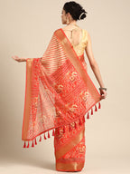 Orange Silk Cotton Printed Striped Saree with Unstitched Blouse - Hiral Fashion