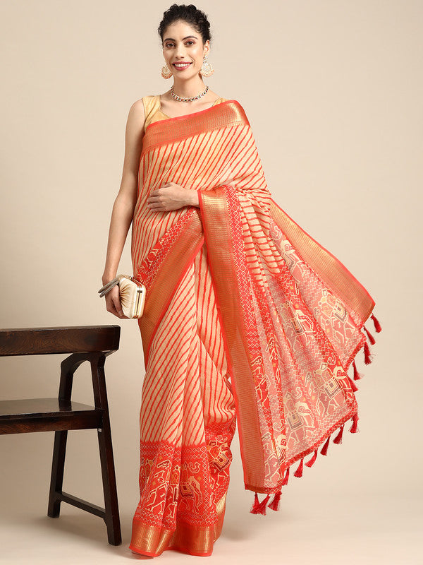 Orange Silk Cotton Printed Striped Saree with Unstitched Blouse - Hiral Fashion