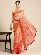 Orange Silk Cotton Printed Striped Saree with Unstitched Blouse - Hiral Fashion