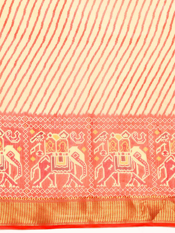 Orange Silk Cotton Printed Striped Saree with Unstitched Blouse - Hiral Fashion