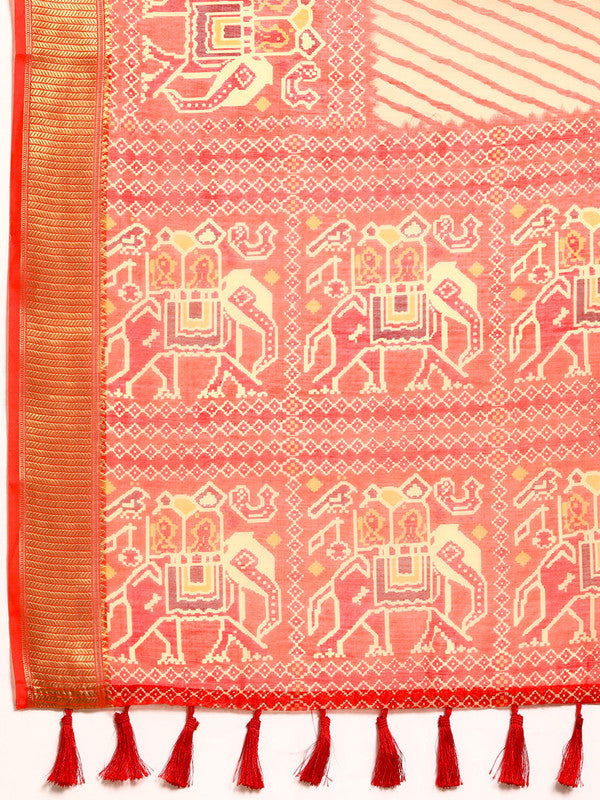 Orange Silk Cotton Printed Striped Saree with Unstitched Blouse - Hiral Fashion