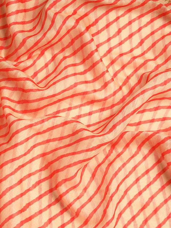 Orange Silk Cotton Printed Striped Saree with Unstitched Blouse - Hiral Fashion