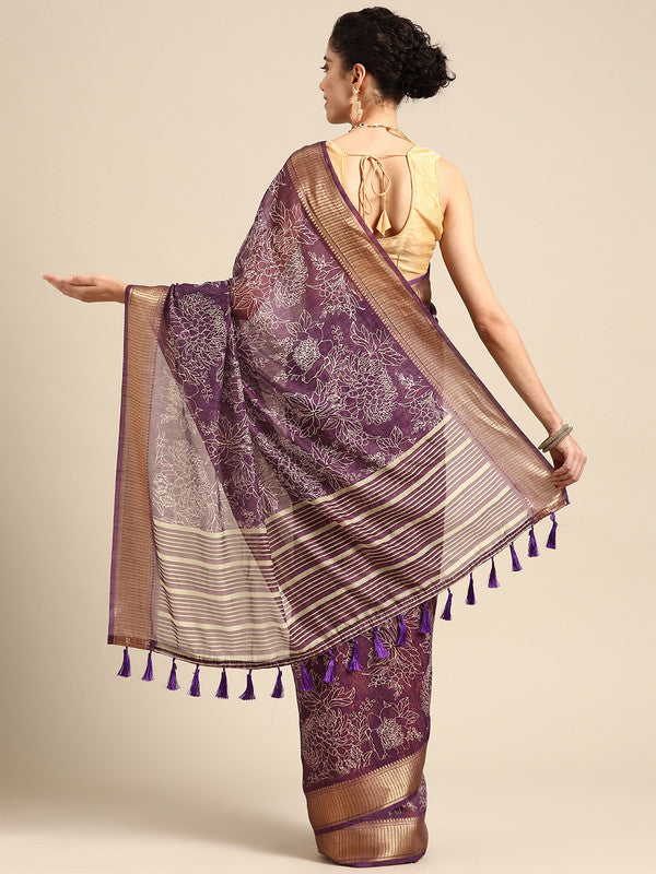Purple Silk Cotton Printed Floral Saree with Unstitched Blouse - Hiral Fashion