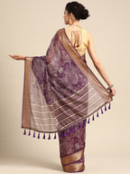 Purple Silk Cotton Printed Floral Saree with Unstitched Blouse - Hiral Fashion